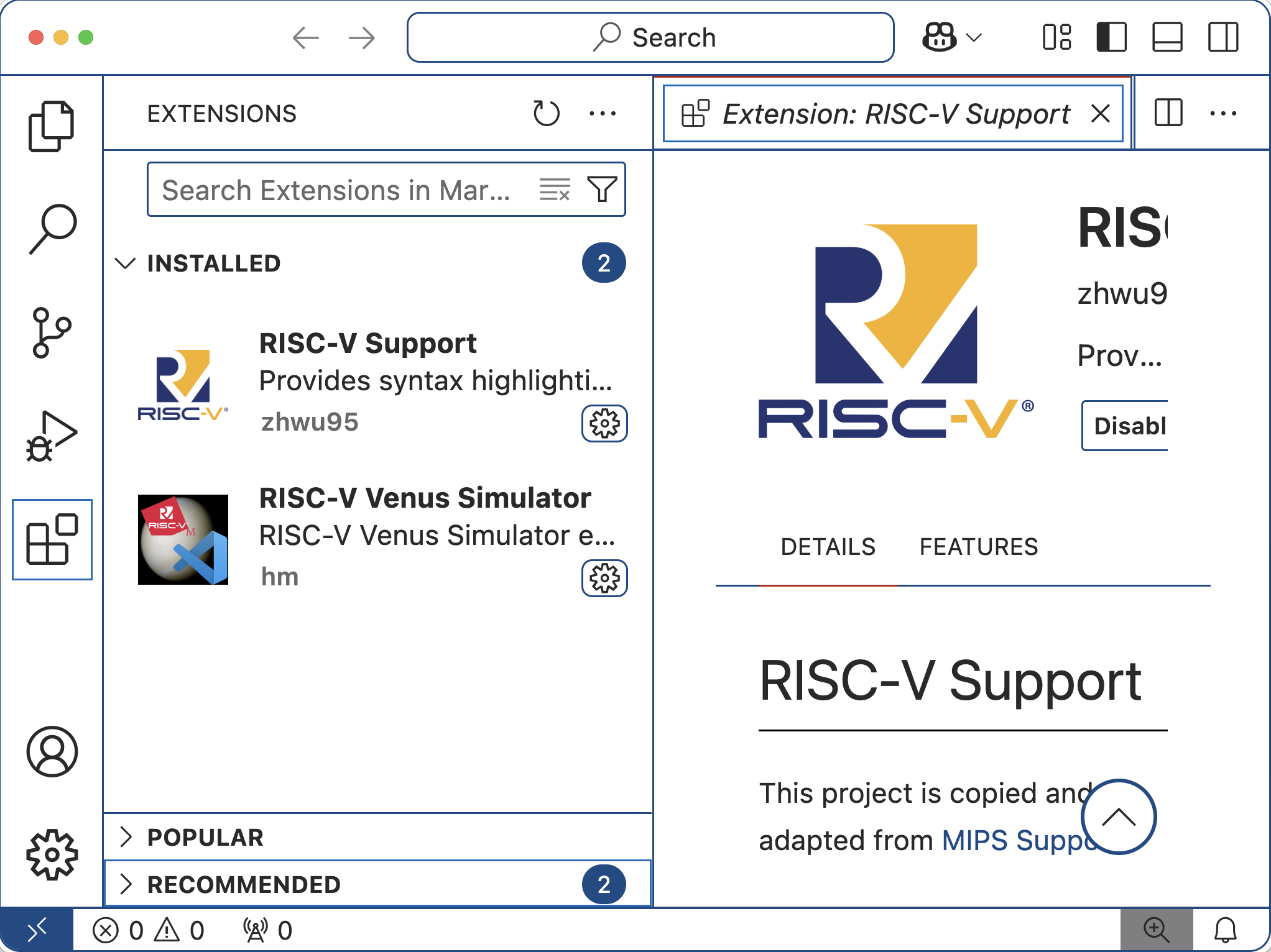 Screen shot of visual studio code, with extensions riscv-venus and RISC-V Support installed
